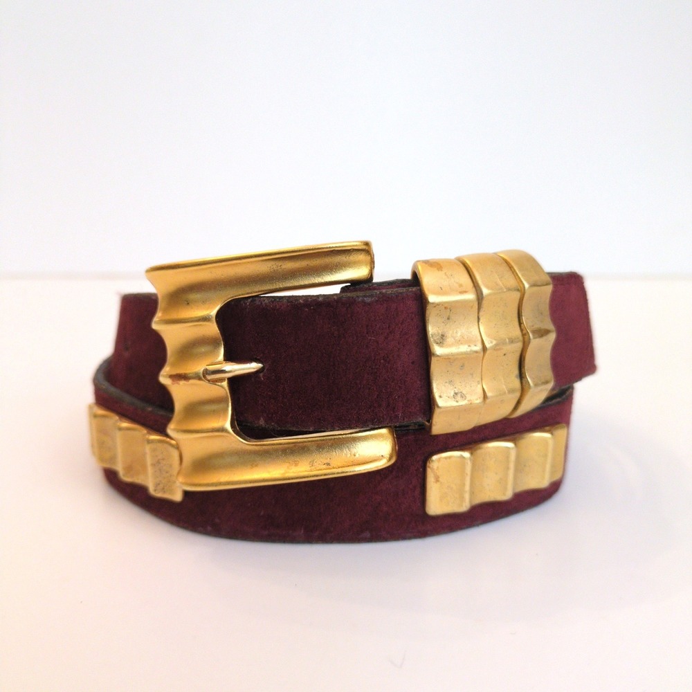 Vtg 90s Leatherock Belt Brown Suede Gold Metal Modern Western Boho Chunky ML